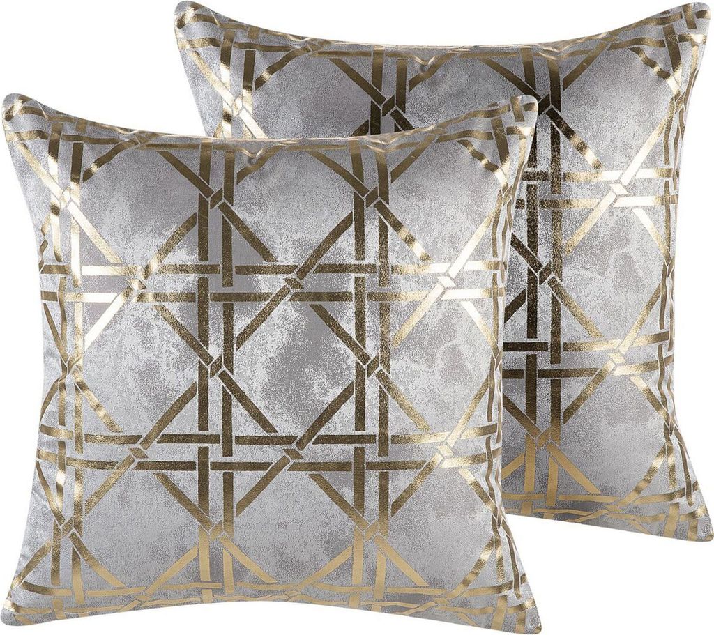 BELIANI Dekokissen 2er Set Grau u. Gold Stoffbezug mit Füllung 45 x 45 cm Quadratisch Goldenes Geometrisches Muster Modern Wohnzimmer Schlafzimmer