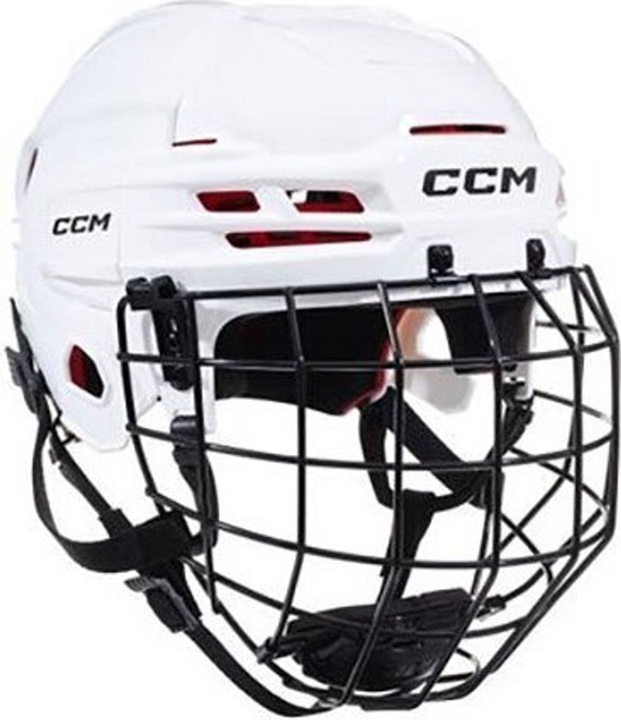 A white CCM hockey helmet with a black cage.