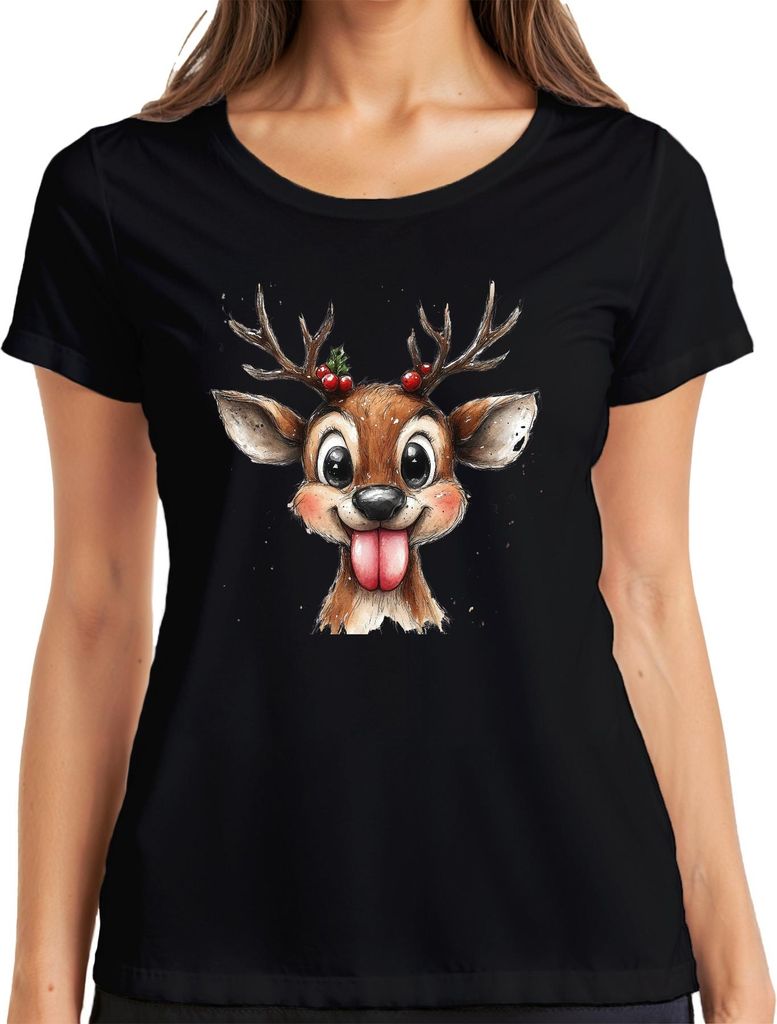Rentier mit herausgestreckter Zunge Weihnachten Niedlich Geschenk Damen T-Shirt, Schwarz, M