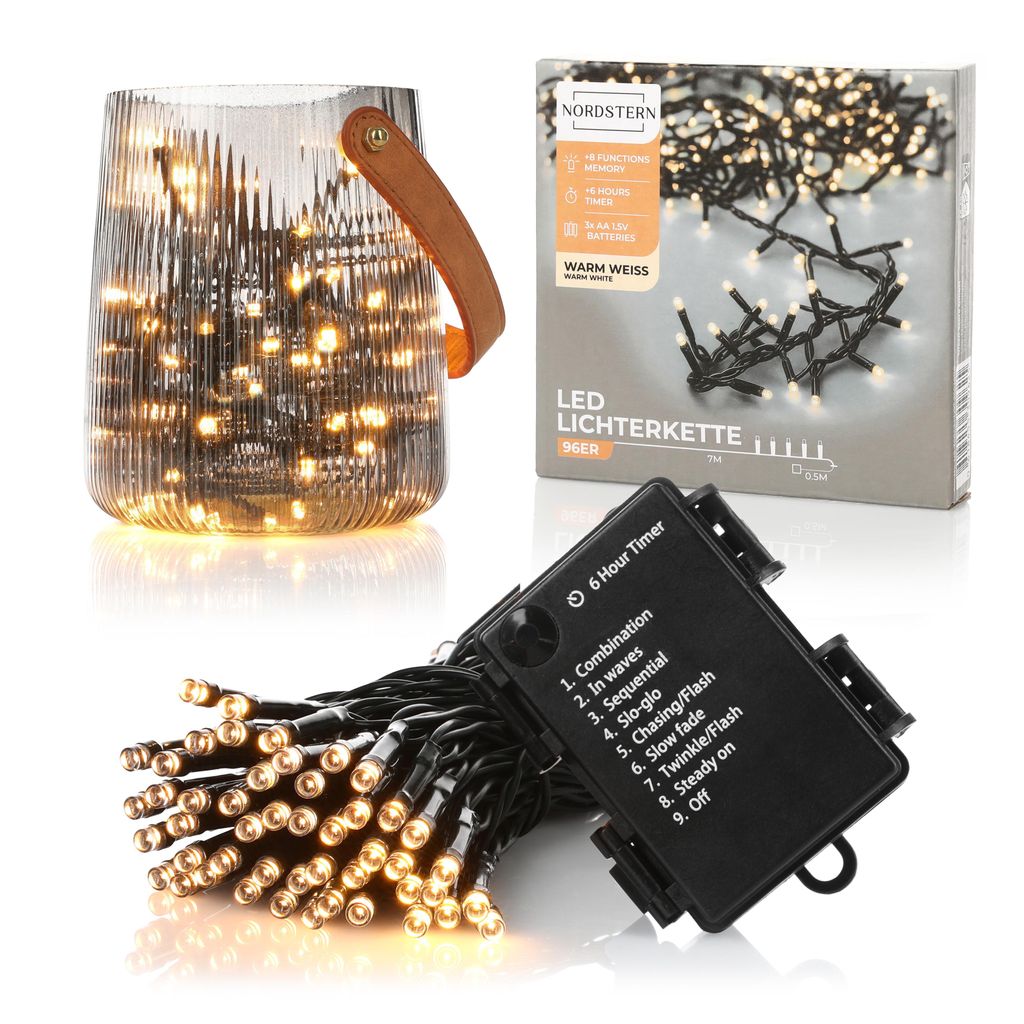 Nordstern LED Lichterkette Warmweiß 96 LEDs - Beleuchtung für Innen & Außen 7 m inkl. Timer und 8 Leuchtmodi Batteriebetrieben Weihnachtsbeleuch...