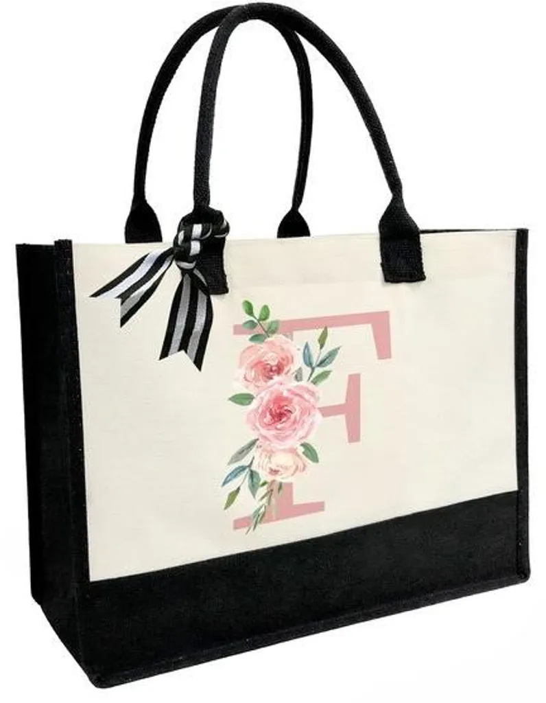 Sac de plage zippé anti-sable en toile et jute, monogramme lettre F rose