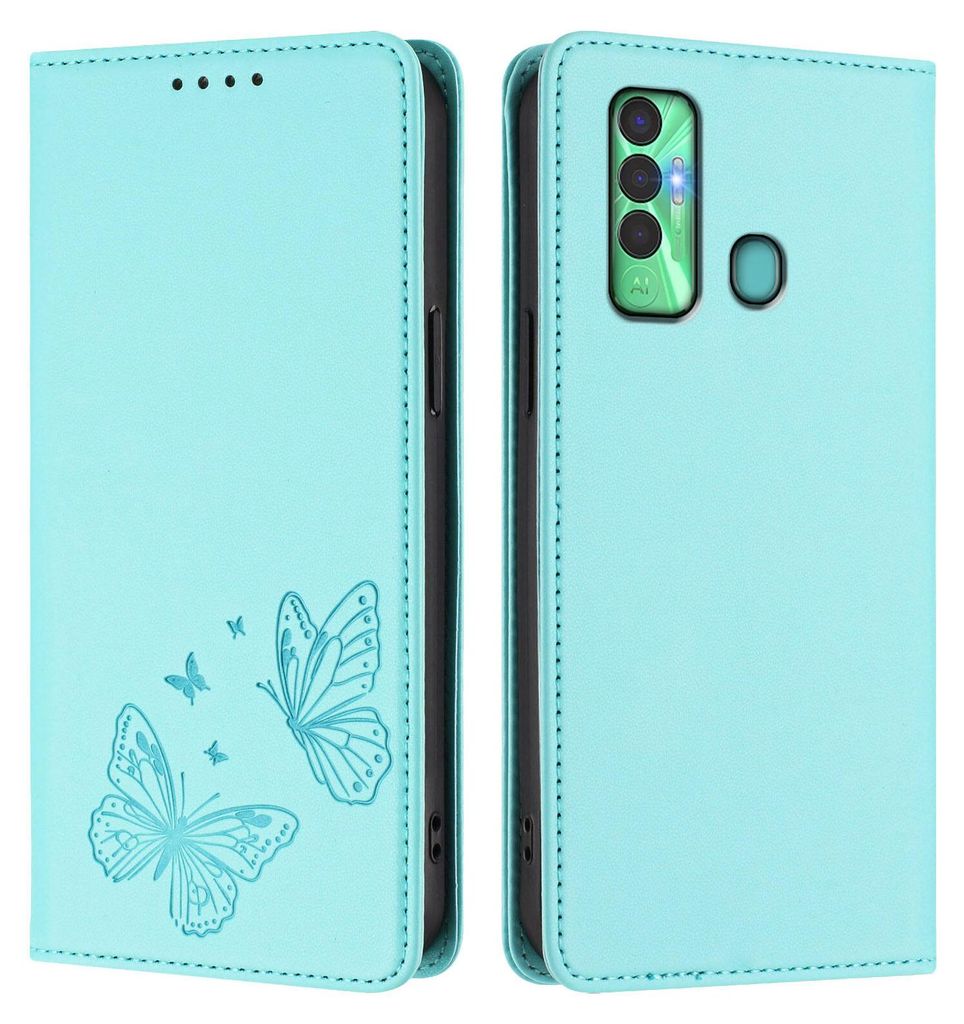 Lederhülle für Tecno Spark 7P, Schmetterling Prägung Leder Brieftasche Schutzhülle mit Ständer Türkis
