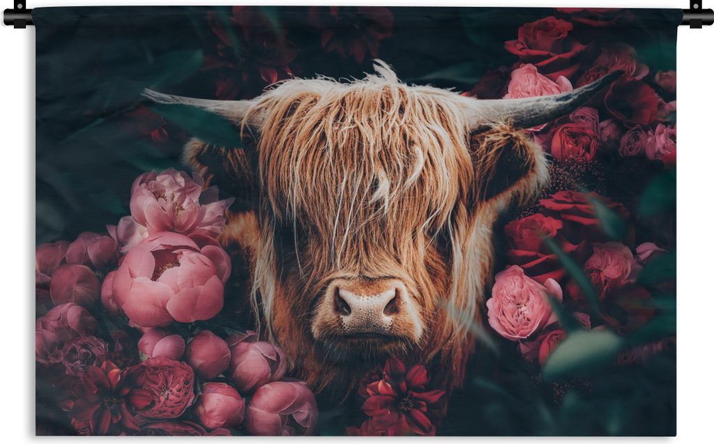 MuchoWow Wandteppich Wandbehang Kuh - Schottischer Highlander - Blumen - Botanisch 90x60 cm Tapisserie Dekoration Wandtuch - Wandskulpturen - Bil...