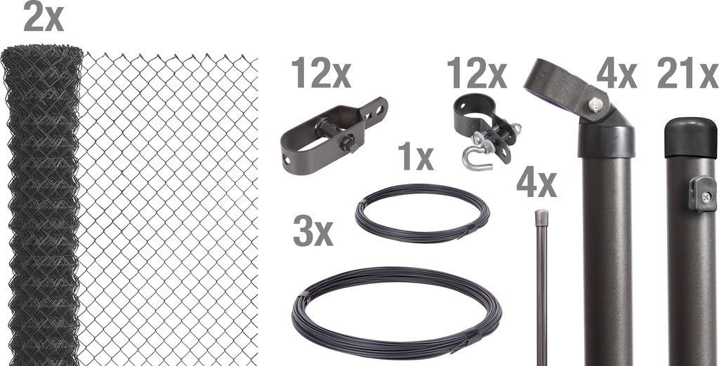 A collection of fence components laid out on a light gray background, including rolls of mesh, various connectors, tension bands, and fence posts.