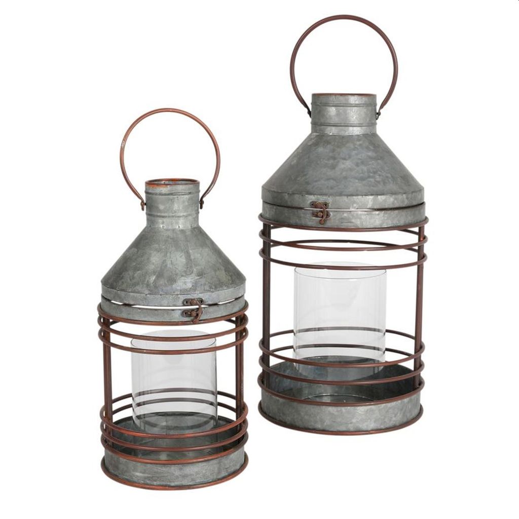 Zink Laternen 2er Set mit Glas Windlicht im Industrie-Look Outdoor Gartenlaterne