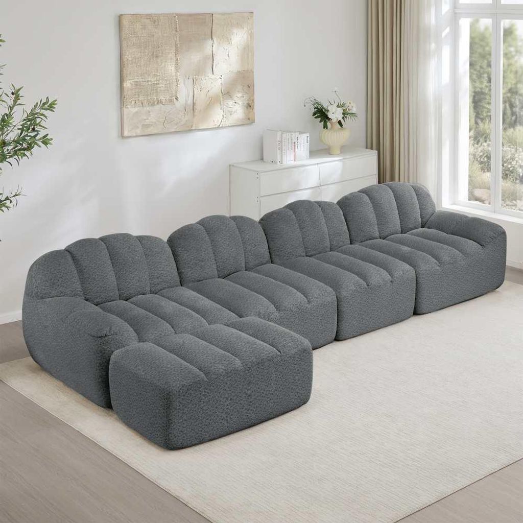 AIORBER 4-Sitzer modulares Sofa mit Ottoman, Muschelform, Boneless Design, 32D Hochdichtschaum, tiefe Sitzfläche, Grau