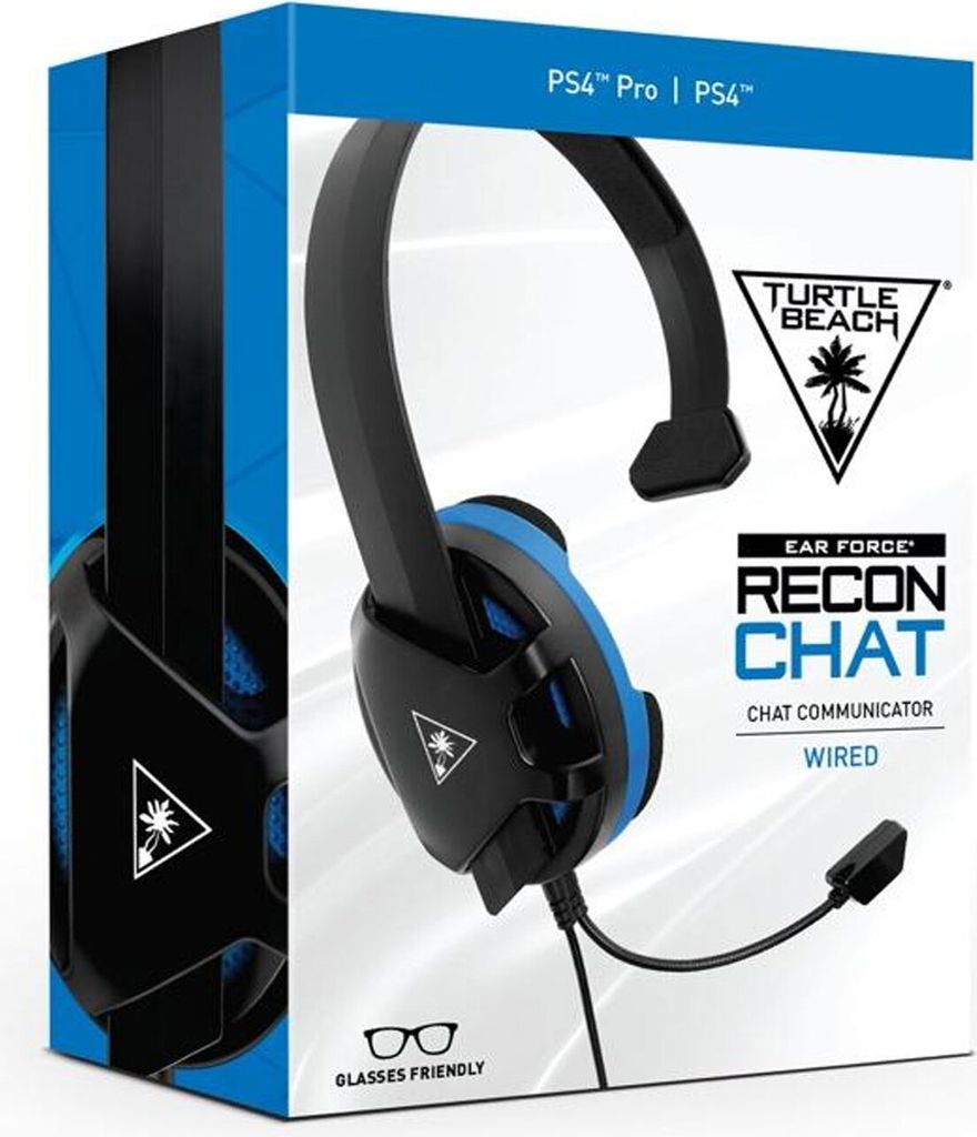 The image shows the packaging of a Turtle Beach Recon Chat headset for PS4.