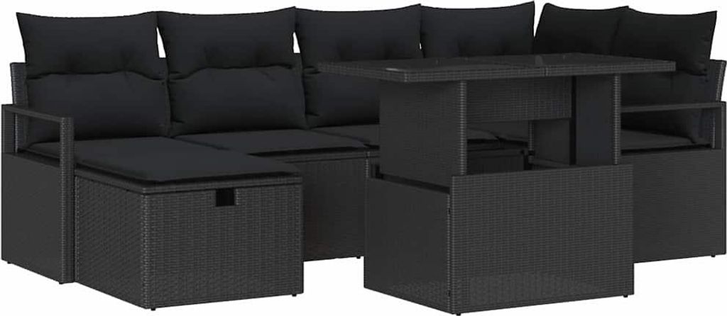 Garten-Sofa-Set mit Kissen 7 pcs Schwarz Poly Rattan
