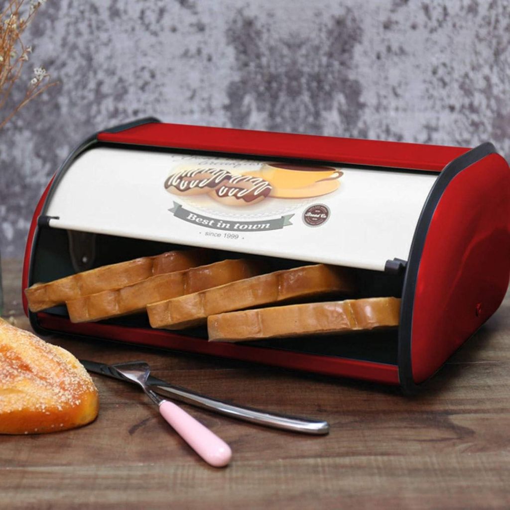 Retro Roll Top Brotkasten Rot - Große Luxus Brotdose aus Edelstahl - Aufbewahrungsbox Küche - 36 x 24,5 x 16 cm - 35 l