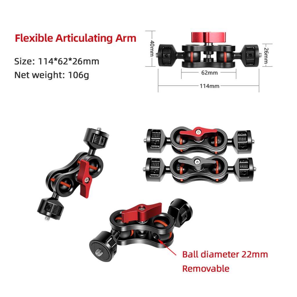 Flexibler magischer Gelenkarm mit doppeltem Kugelkopf, Halterung fuer Kameramonitor, Aluminiumlegierung, zwei 1/4-Zoll-Schrauben, 360¡ã drehbar, ...