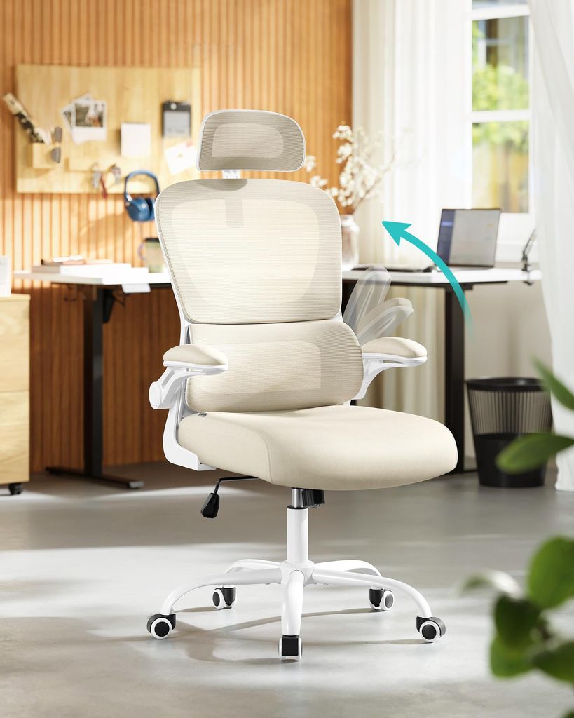 An office chair in a home office setting with a desk and corkboard in the background.
