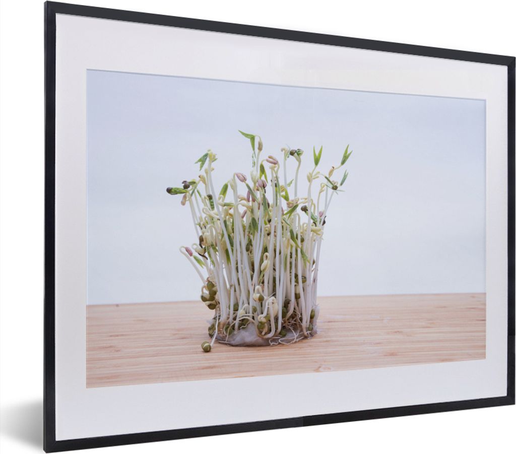MuchoWow MuchoWow Gerahmtes Poster Bohnensprossen auf einem Holzsockel 40x30 cm - Poster mit zchwarzem Bilderrahmen - Bilderrahmen - Poster im ...