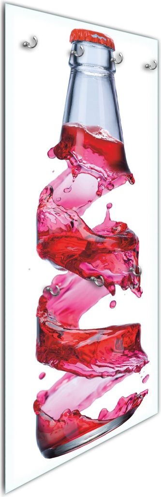 Wallario Flurgarderobe Wandgarderobe aus Glas, mit 7 Haken, Größe 50 x 125 cm, Motiv Flasche mit roter Brause - Wirbelsturm
