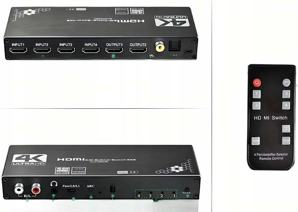 Switch Splitter HDMI 2.0 4X2 Matrix avec Sortie Optique et Audio Cinch