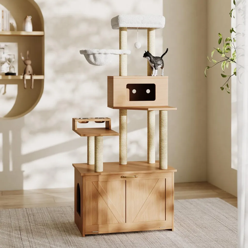 Arbre à chat anti-odeur avec cache-litière et poteaux en sisal, tour stable
