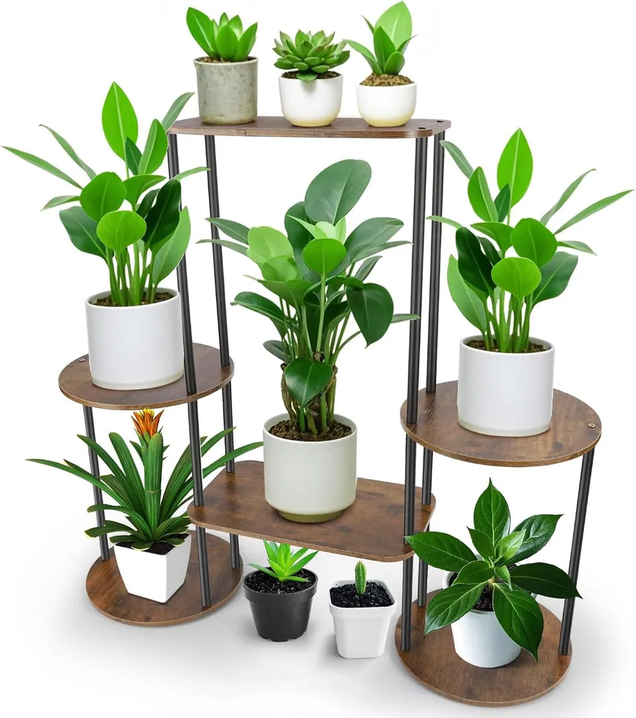 Support de fleurs 2 couches en bois naturel pour plantes d'intérieur