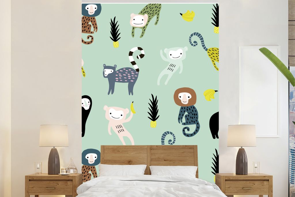 MuchoWow Fototapete für Wohnzimmer oder Schlafzimmer Wandtapete Vinyl Motivtapete Affe - Banane - Grün - 180x280 cm - Wallpaper