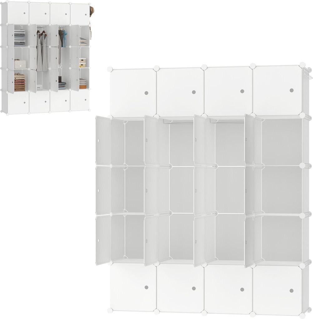 UISEBRT DIY Regalsystem Kleiderschrank mit Tür, Garderobenschrank Steckregal, Standregal weiß, 20 Boxen – Modularer Schrank für Garderobe & Au...