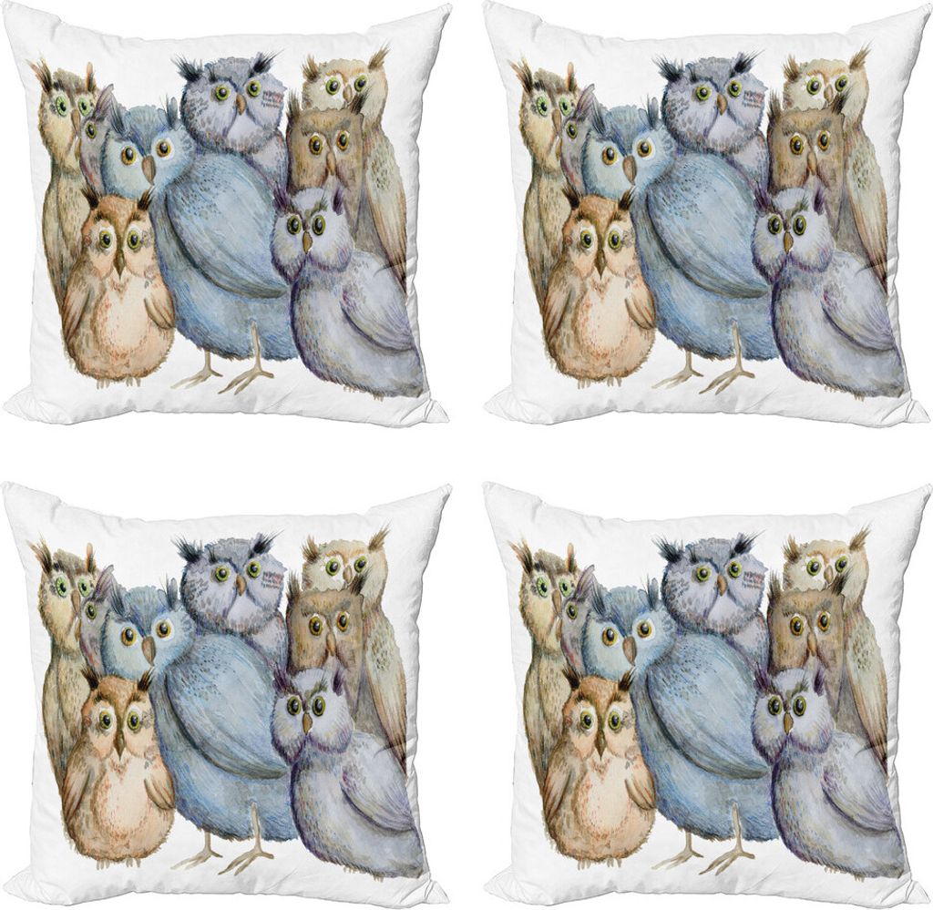 ABAKUHAUS Eule Kissenbezug Set (4 Stück), Owl Family Portrait-Kunst, Moderner Doppelseitiger Digitaldruck, 60 cm x 60 cm, Mehrfarbig