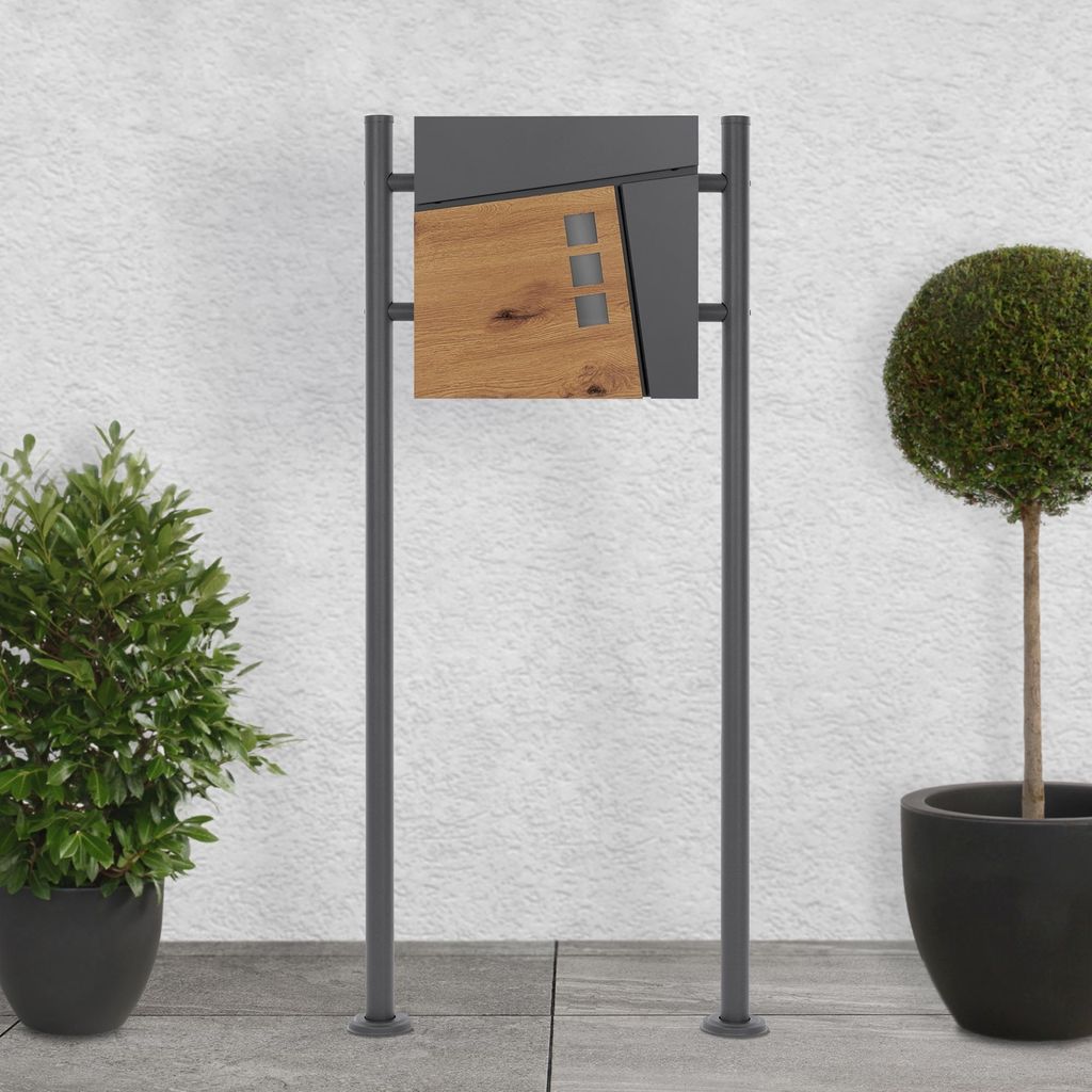 ML-Design Briefkasten mit Zeitungsfach, 37x36,5x11 cm, Anthrazit/Holzoptik, inkl. Ständer