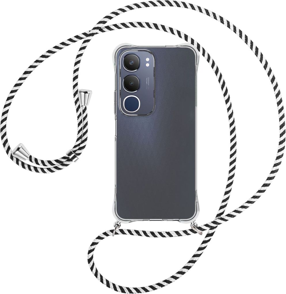 Handykette Backcover-Schutzhülle mit Band (Metall silberfarben) für Vivo Y19S 4G - schwarz/weiß gestreift