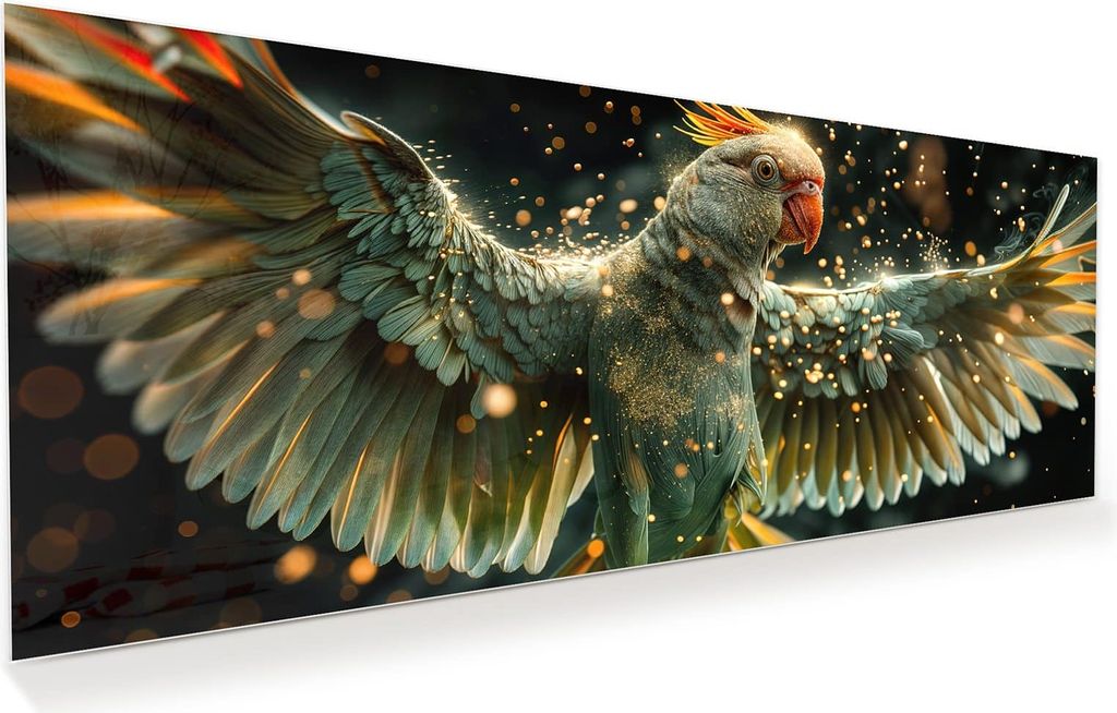 Glasbild 125x50cm in XXL für Wohnzimmer, Schlafzimmer Motiv Fliegender Papagei