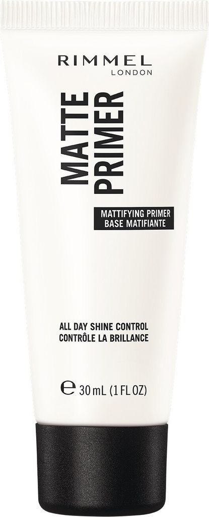 A white tube of Rimmel Matte Primer with a black cap.