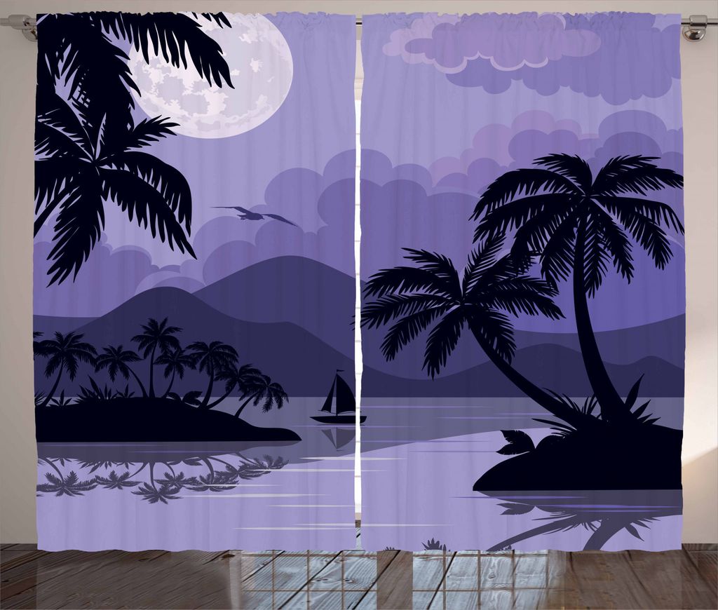 ABAKUHAUS Tropisch Rustikaler Vorhang, Karibik-Insel Nacht, Wohnzimmer Universalband Gardinen mit Schlaufen und Haken, 280 x 245 cm, Schwarz Lavend...