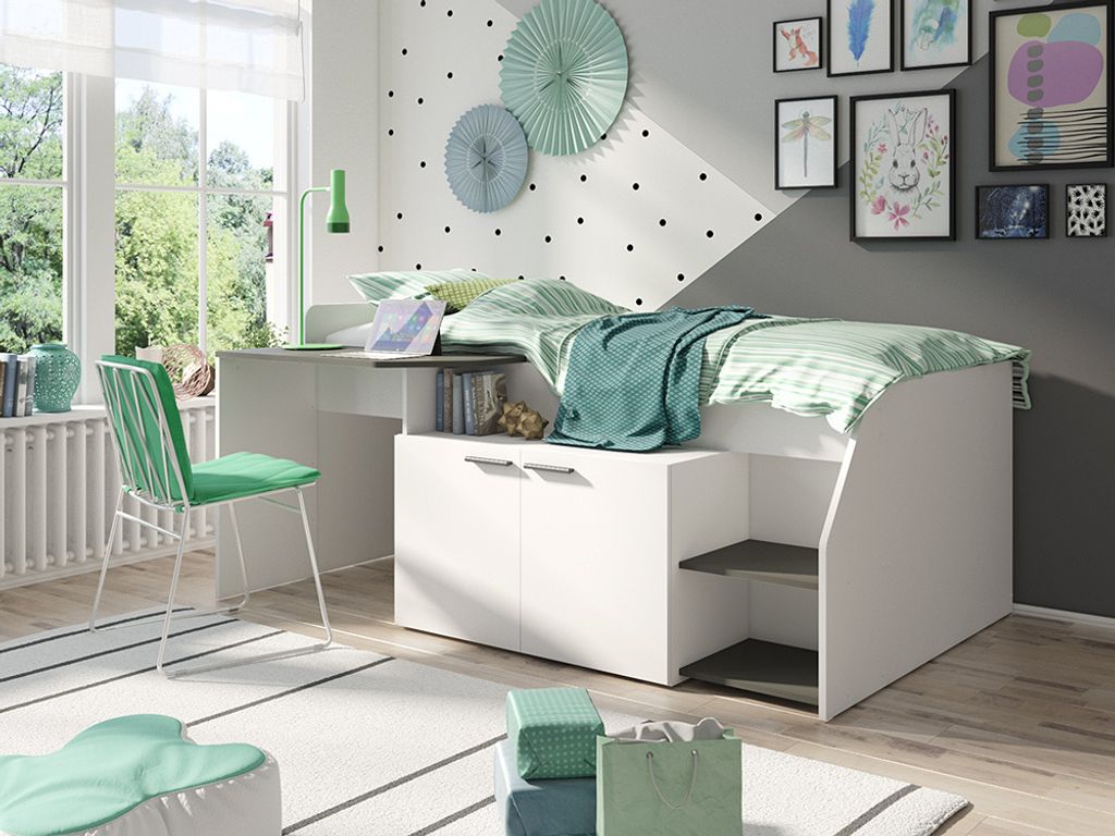 Jugendzimmer Bett Funktionsbett in weiß mit anthrazit, MORAN-166