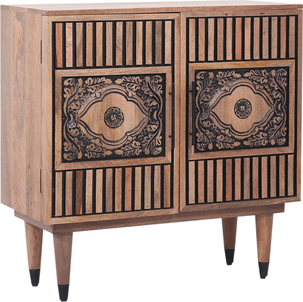 Marrakesch Boho Kommode mit Türen aus Teak Holz 80cm | Orientalische Deko kleines Sideboard Komode Adamina handgeschnitzt für stilvolle Aufbewahr...