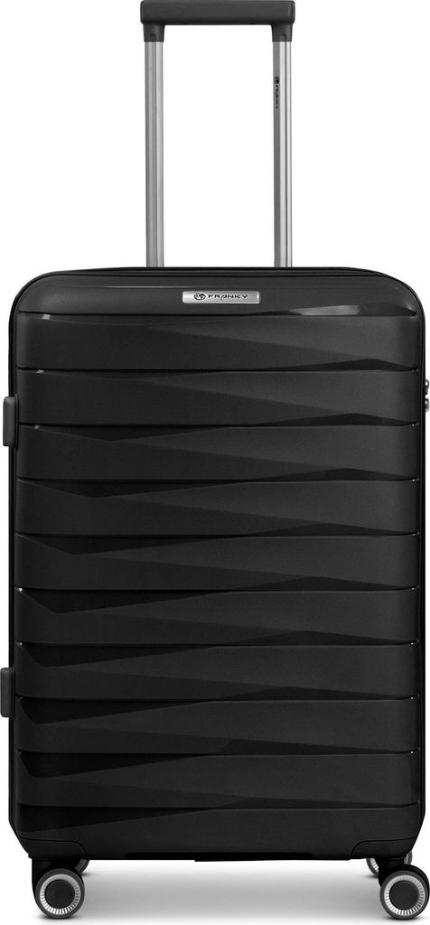 A black suitcase with a telescopic handle extended.