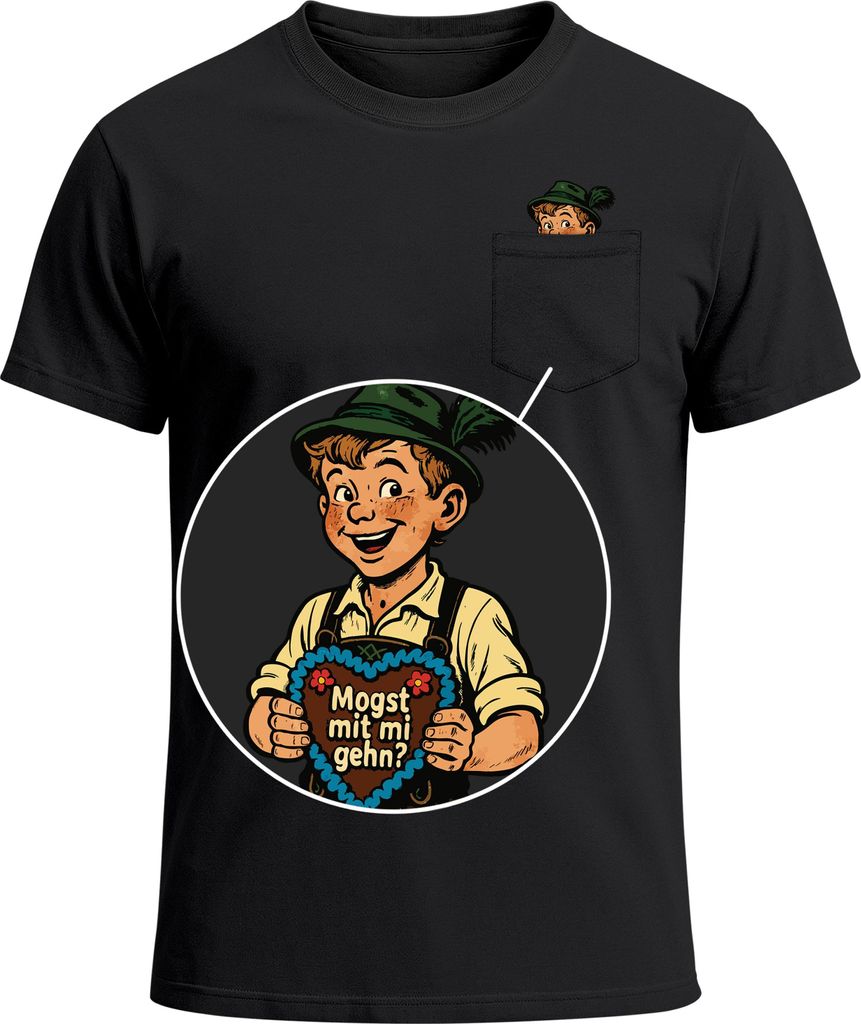Herren T-Shirt mit Brusttasche Lausbua Lebkuchen Herz Servus Lederhosn in da Wäsch Ersatz Tracht Trachtenlook für das Bier Fun-Shirt Moonworks