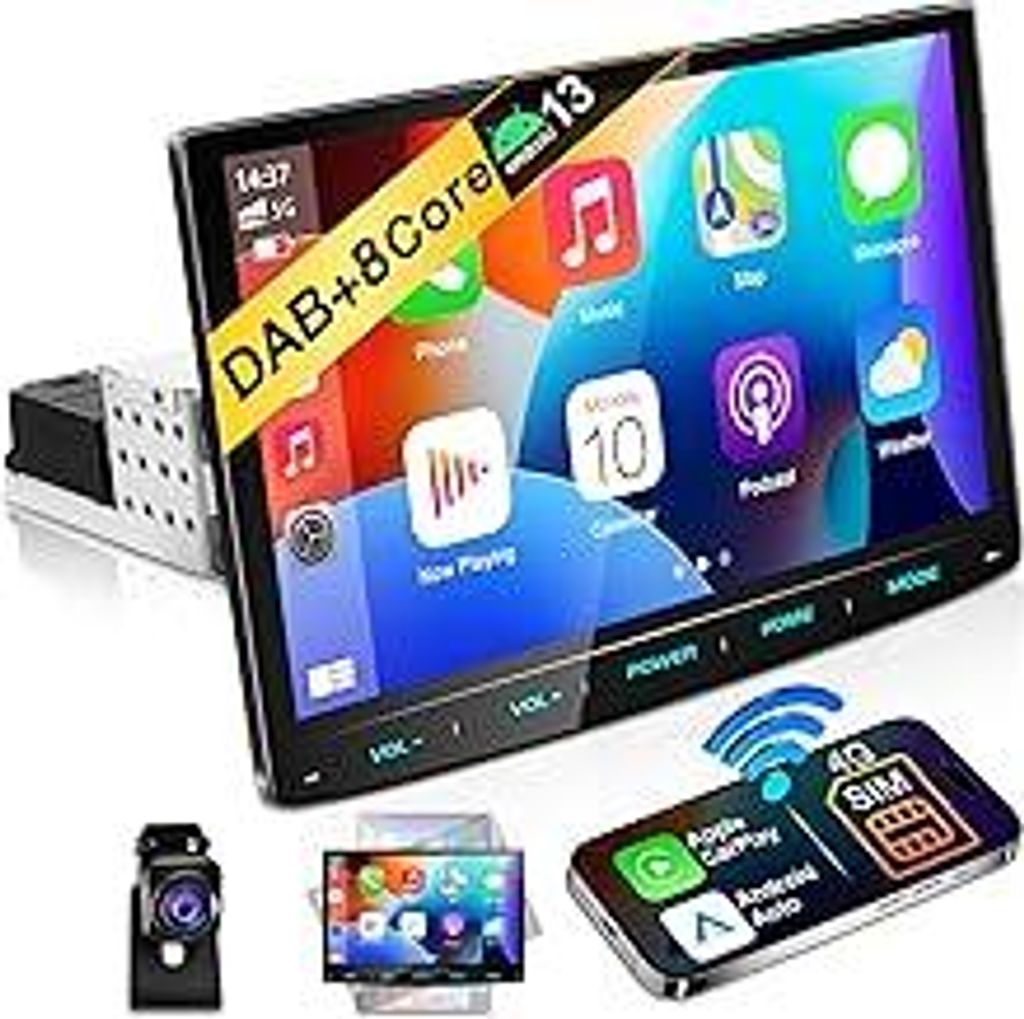 URVOLAX Android 13 Autoradio mit Bildschirm, 10.1 Zoll Wireless CarPlay Apple Android Auto Navi DAB+ 1 Din Radio Bluetooth Car Play Touch Display M...