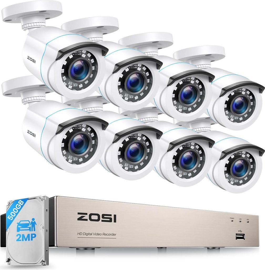 ZOSI 1080P Aussen Überwachungskamera Set 8CH 500GB DVR und 8 Stück 1080P Verkabelt Video Sicherheitskameras, Personen- und Fahrzeugerkennung