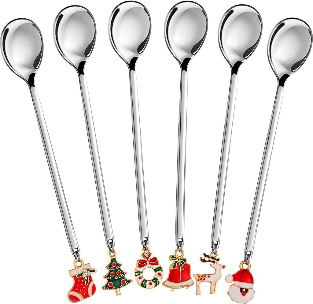 AXspeed Weihnachtslöffel, 6-teiliges Edelstahl-Löffel-Kochset mit Weihnachtsanhänger, Kaffee-Rührlöffel, Teelöffel, Dessertlöffel, mit Gesch...
