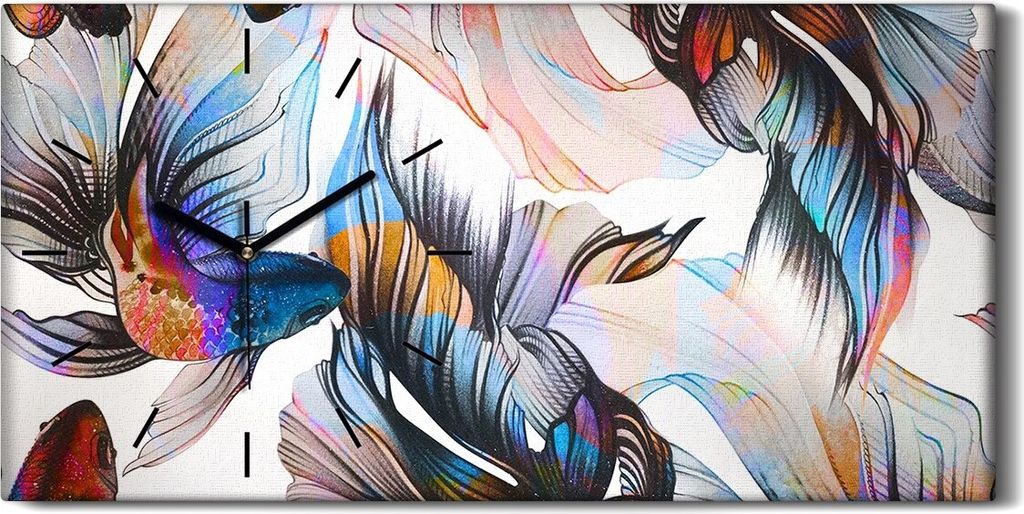 Wanduhr Bürouhr Leinwand Bild 60x30 Foto Goldfische Malerei Aquarellmuster - schwarze Hände