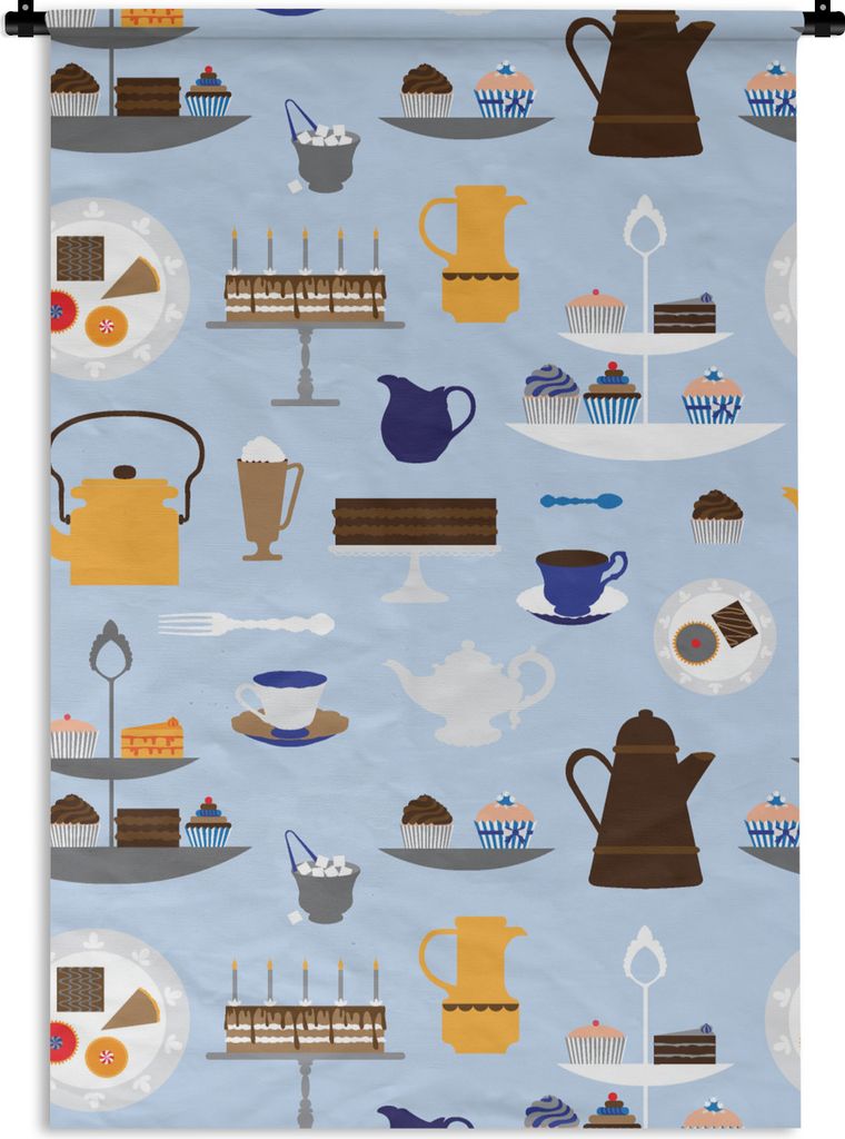 MuchoWow Wandteppich Wandbehang Muster - Törtchen - Teekanne - Tee 90x135 cm Tapisserie Dekoration Wandtuch - Baumwolle - Wandskulptur
