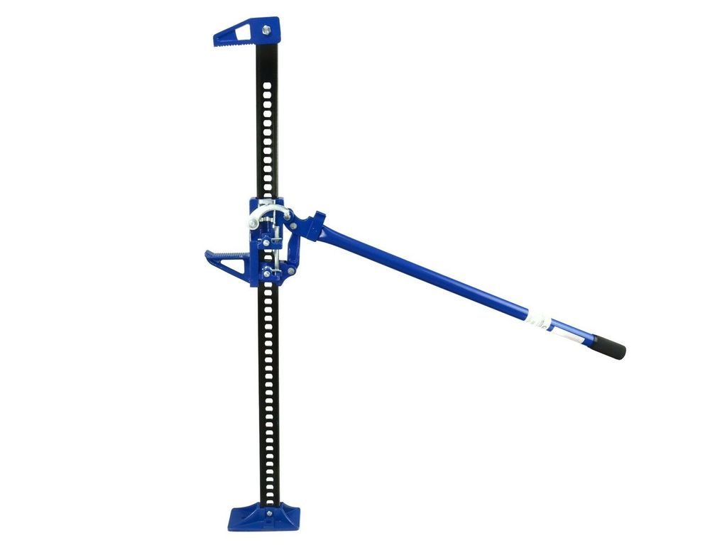A blue and black off-road jack is shown against a white background.