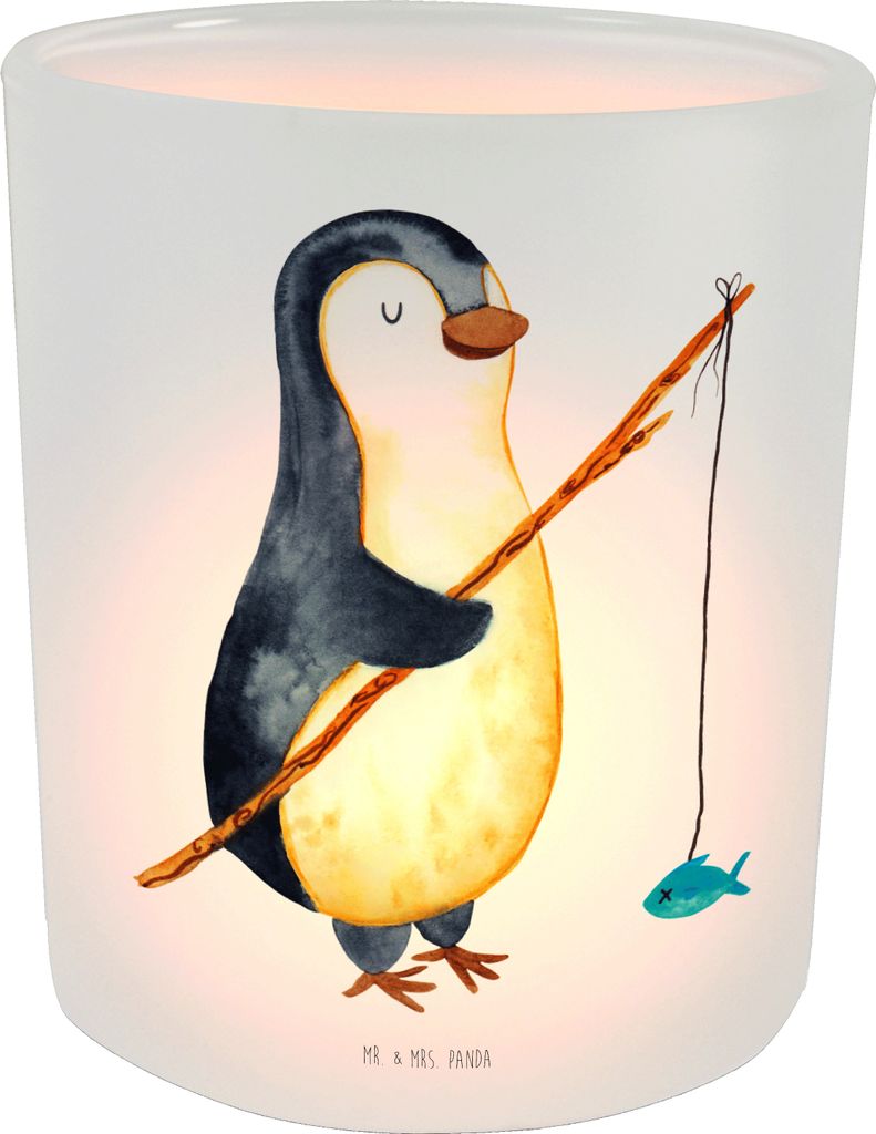 Mr. & Mrs. Panda Outdoor Windlicht Pinguin Angler - Transparent - Geschenk, aus Glas, Fischer, Teelichthalter, Angelurlaub, Plan, Urlaub, kerzenbeh...