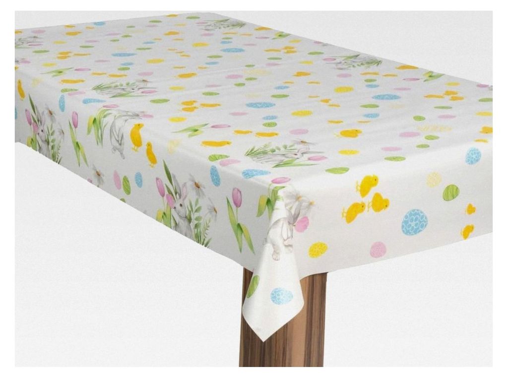 Wachstuch-Tischdecke für Gartentische mit Ostermuster: Eier und Küken, Größe: 140x280