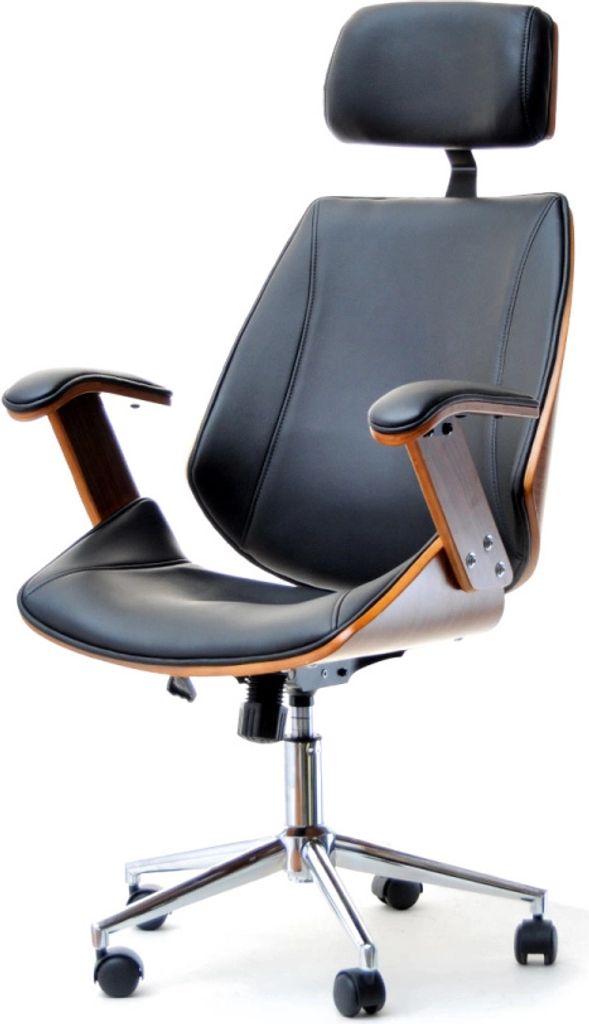 A black office chair with wooden accents and a headrest, shown from a three-quarter front view against a white background.