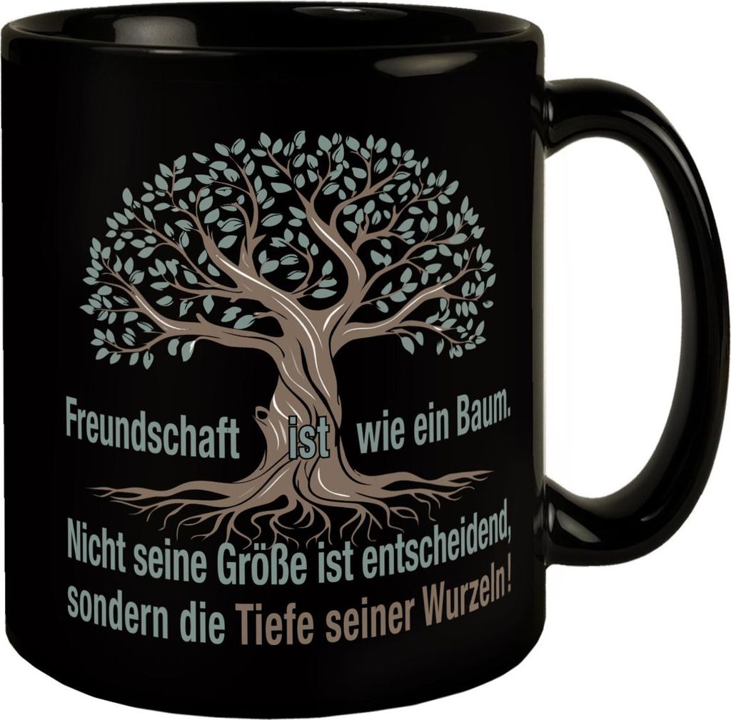 Baum mit Wurzelwerk Tasse mit Spruch: Freundschaft - Tiefe der Wurzeln zählt