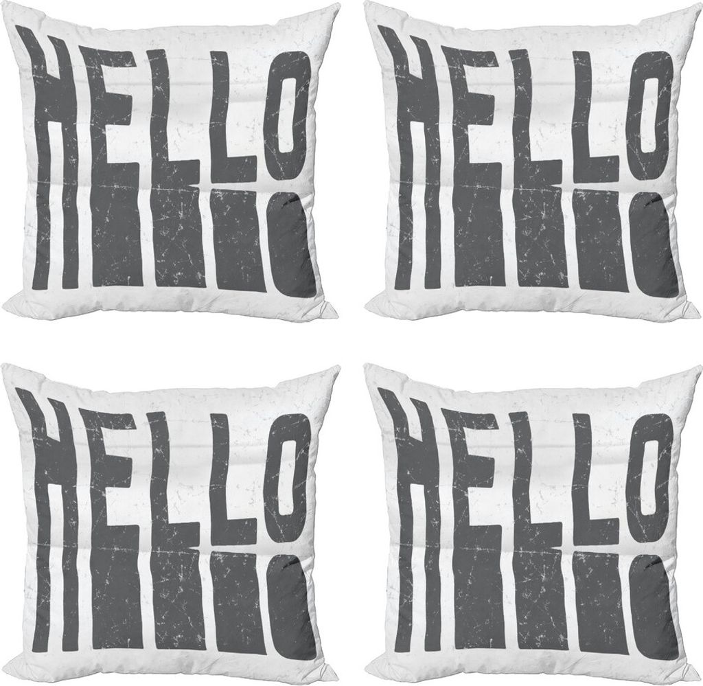 ABAKUHAUS Panne Kissenbezug Set (4 Stück), Hallo Schmutz-Typografie-Kunst, Moderner Doppelseitiger Digitaldruck, 40 cm x 40 cm, Grau und Weiß