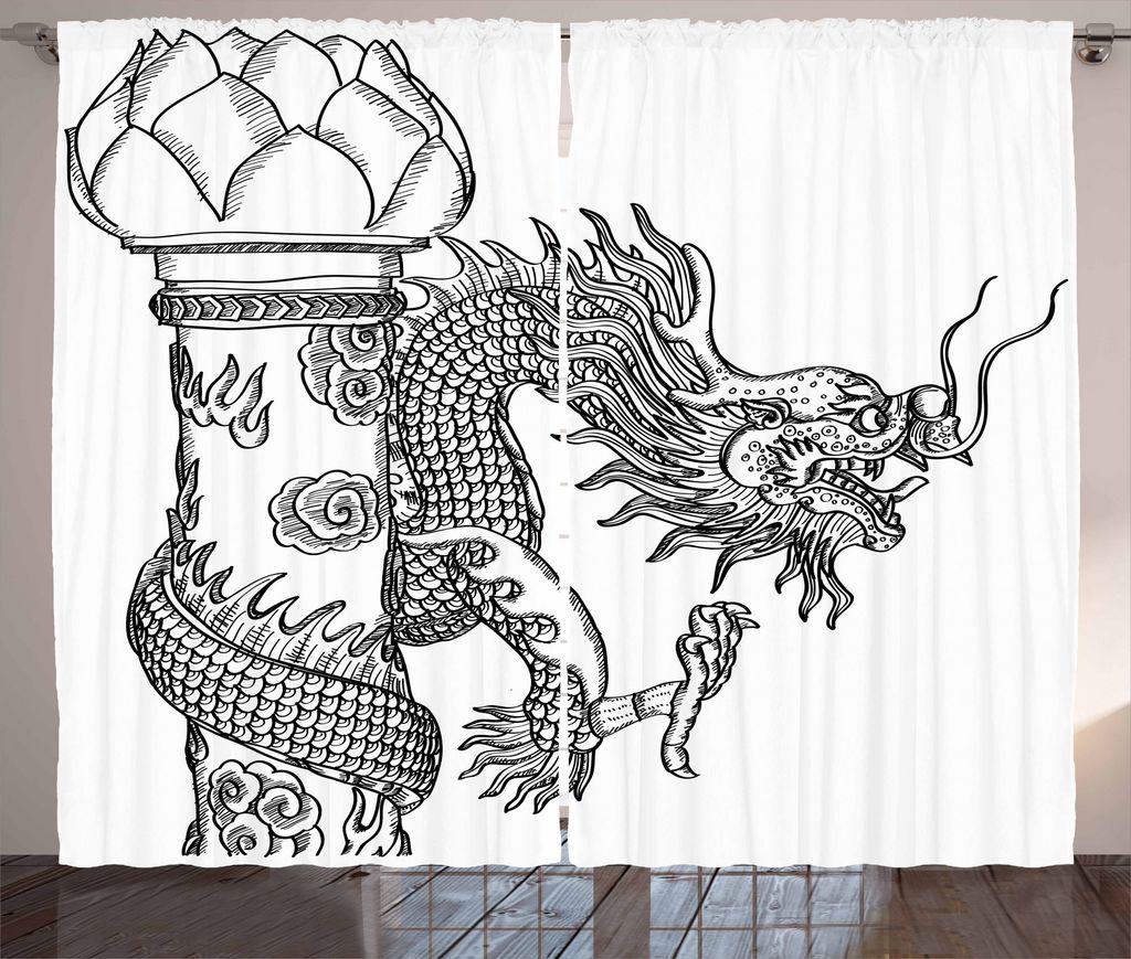 ABAKUHAUS Drachen Rustikaler Gardine, Chinesische heilige Kreatur, Schlafzimmer Kräuselband Vorhang mit Schlaufen und Haken, 280 x 225 cm, Weiß S...