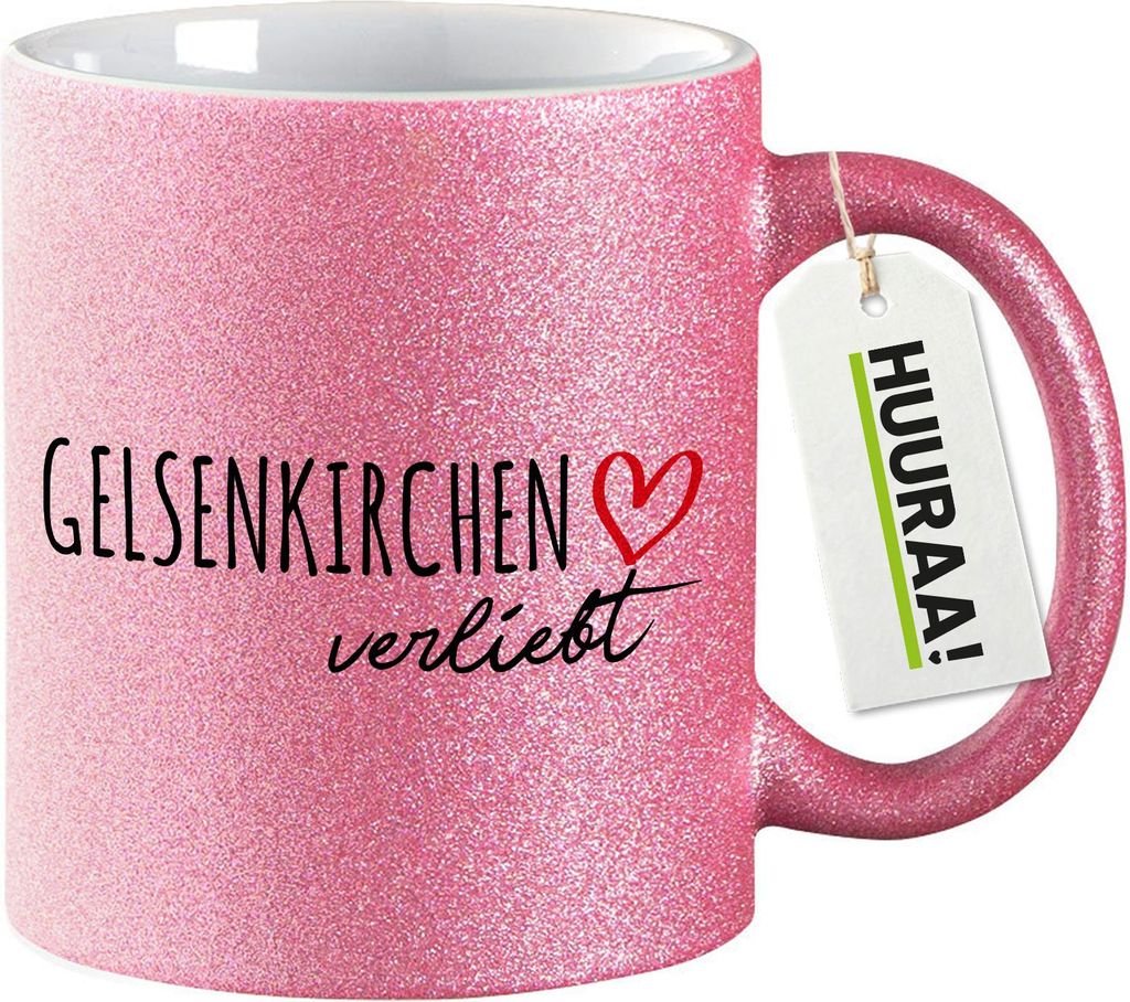 Huuraa Glitzertasse Gelsenkirchen verliebt 330ml Pink Keramik Kaffeebecher Geschenkidee