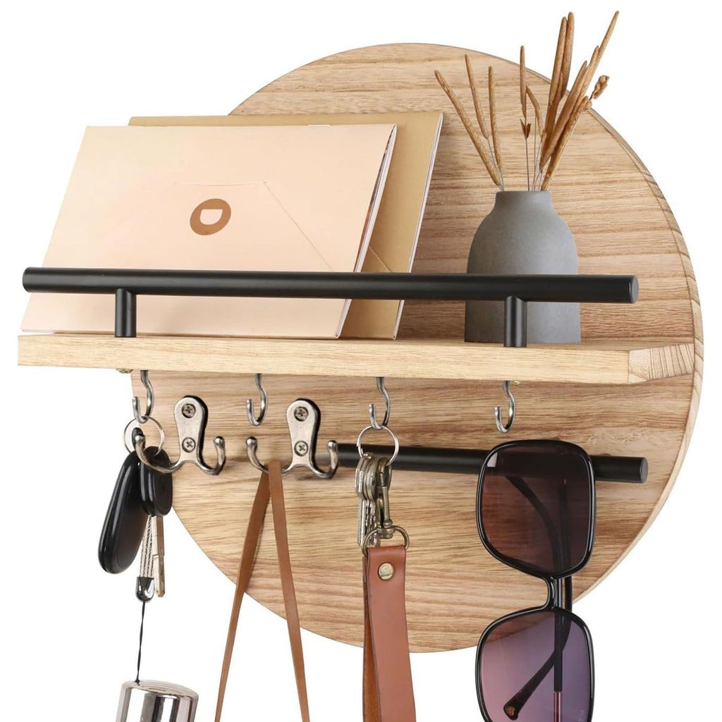 Schlüsselbrett mit Ablage, Vintage-Holz, Schlüsselbox mit 6 Schlüsselhaken für Wohnzimmer, Büro, Küche, Schlafzimmer, Flur (hellbraun)