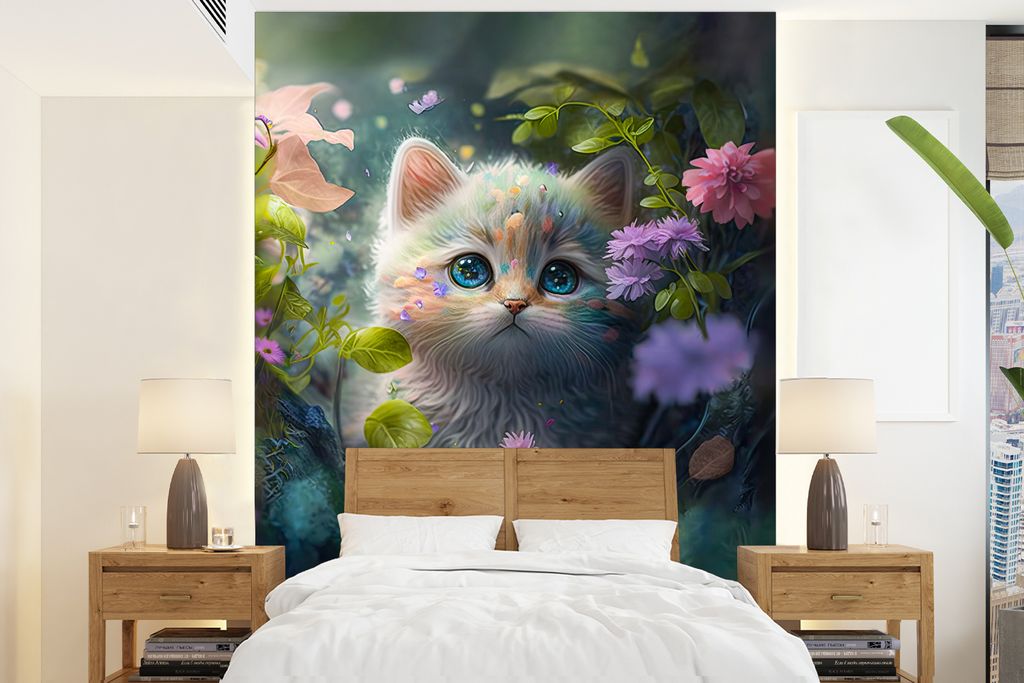 MuchoWow Fototapete für Wohnzimmer oder Schlafzimmer Wandtapete Vinyl Motivtapete Kätzchen - Blumen - Wald - Illustration - Katze - 175x240 cm ...