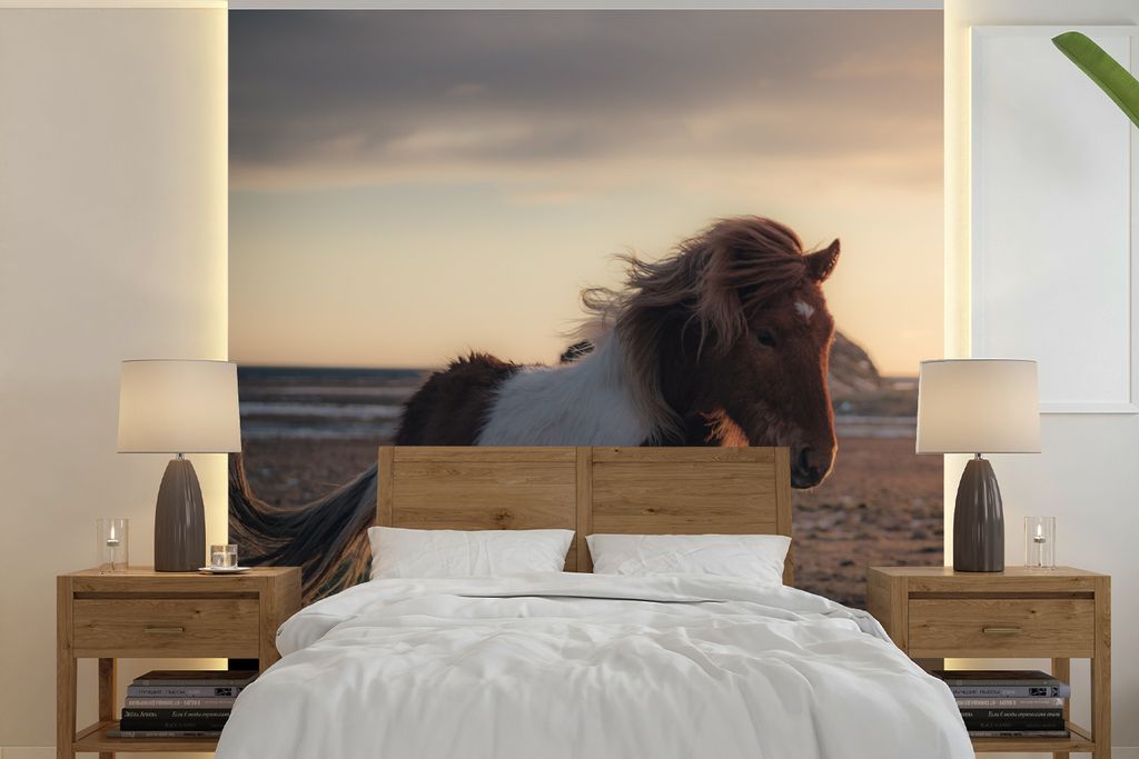 MuchoWow Fototapete für Wohnzimmer oder Schlafzimmer Wandtapete Vinyl Motivtapete Pferd - Fell - Sonne - 240x240 cm - Schlafzimmer-Tapete