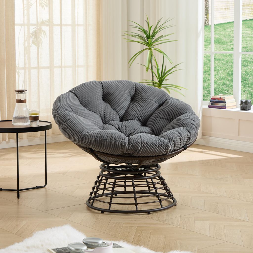 Ergonomischer Papasan Sessel mit 360° Drehfunktion, Indoor & Outdoor Rattan Stuhl mit weichem grauen Kissen, ideal für Wohnzimmer & Balkon