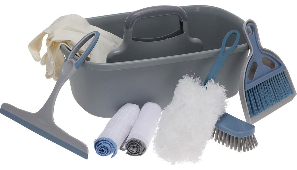 8-teiliges Reinigungsset Eimer, Tücher, Besen, Handschuhe